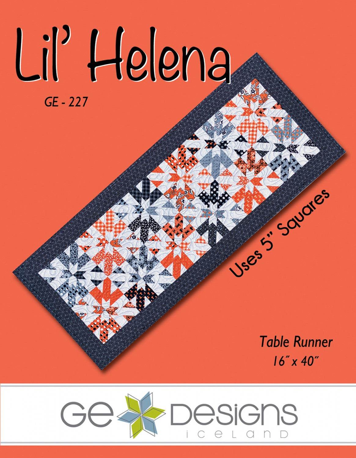 Lil' Helena from G.E. Designs table runner quilt pattern using 5-inch squares with dark and light fabrics, 16 by 40 inches