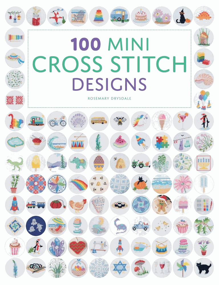Colorful mini cross stitch designs from Mini Cross Stitch Projects book showcasing 100 fun motifs for beginners and advanced stitchers
