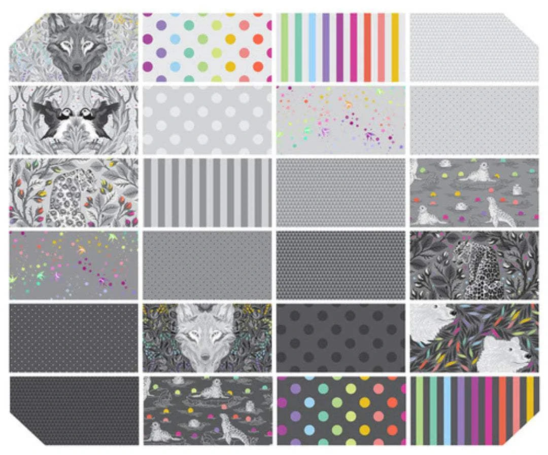Graywork Half Yard Bundle by Tula Pink featuring detailed gray animal prints and coordinating fabric cuts