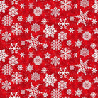 Snow Crew Minky red fabric with white snowflake pattern by Barb Tourtillotte for Henry Glass & Co.