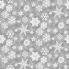 Snow Crew Minky fabric with white snowflakes on gray background by Barb Tourtillotte for Henry Glass & Co.