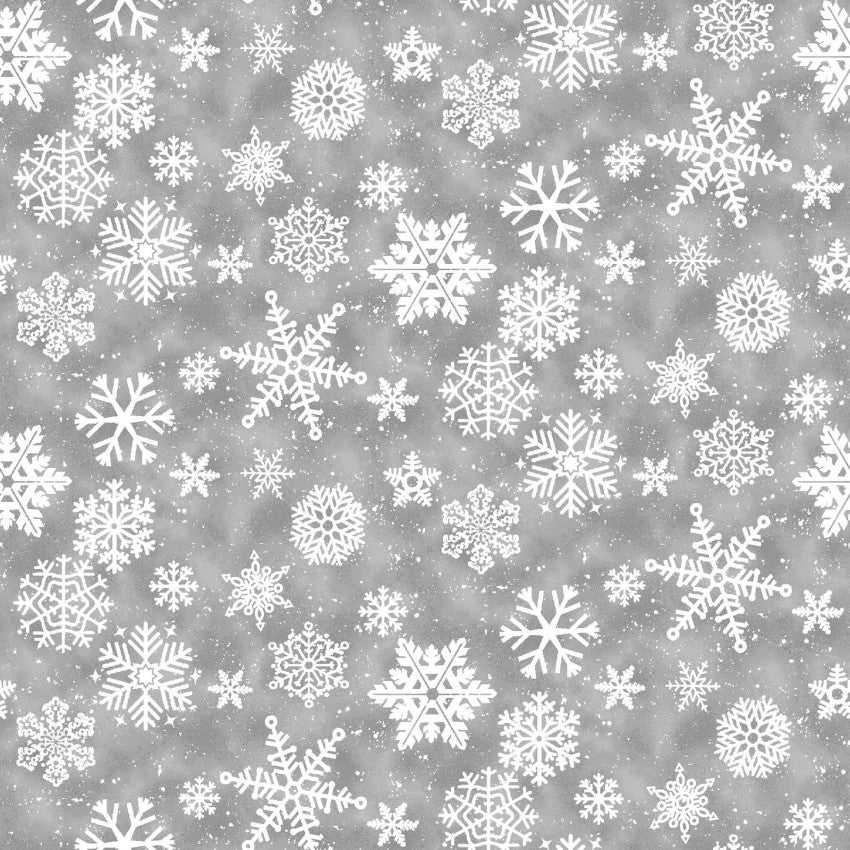 Snow Crew Minky fabric with white snowflakes on gray background by Barb Tourtillotte for Henry Glass & Co.