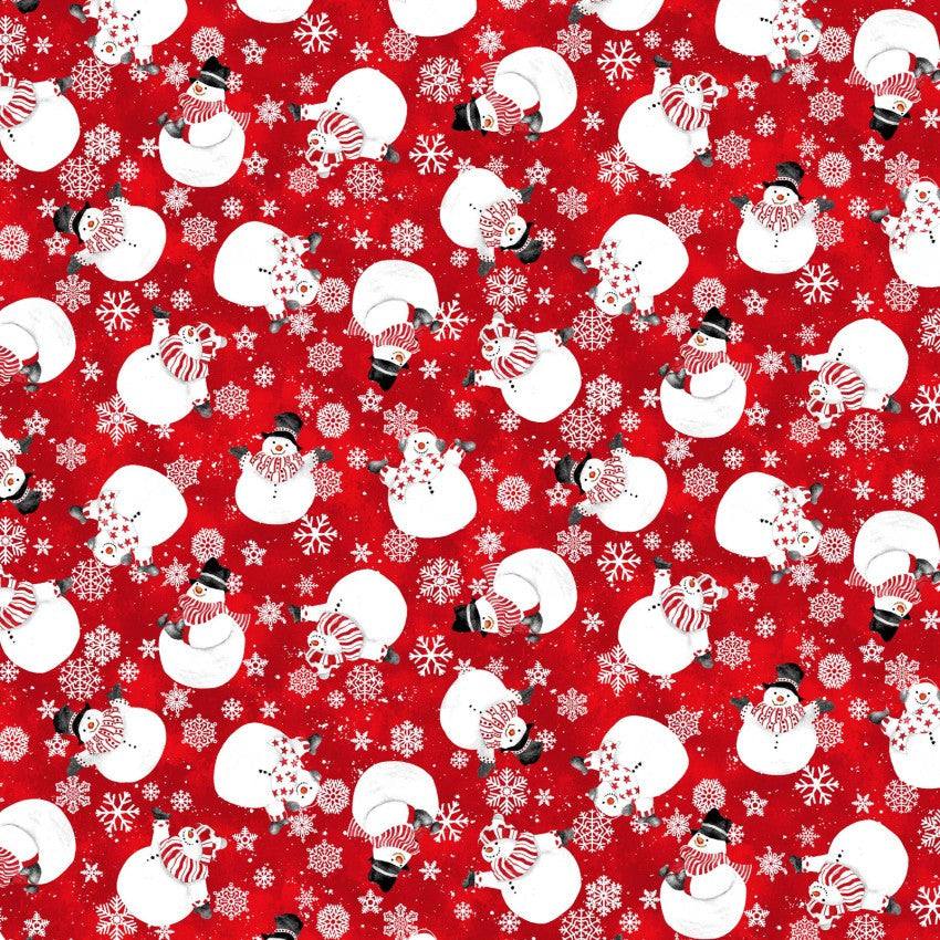 Snow Crew Minky fabric with tossed snowmen and snowflakes on red background