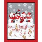 Snow Crew Minky snowman panel fabric with snowmen, rabbits, and berries in winter scene 48-inch panel