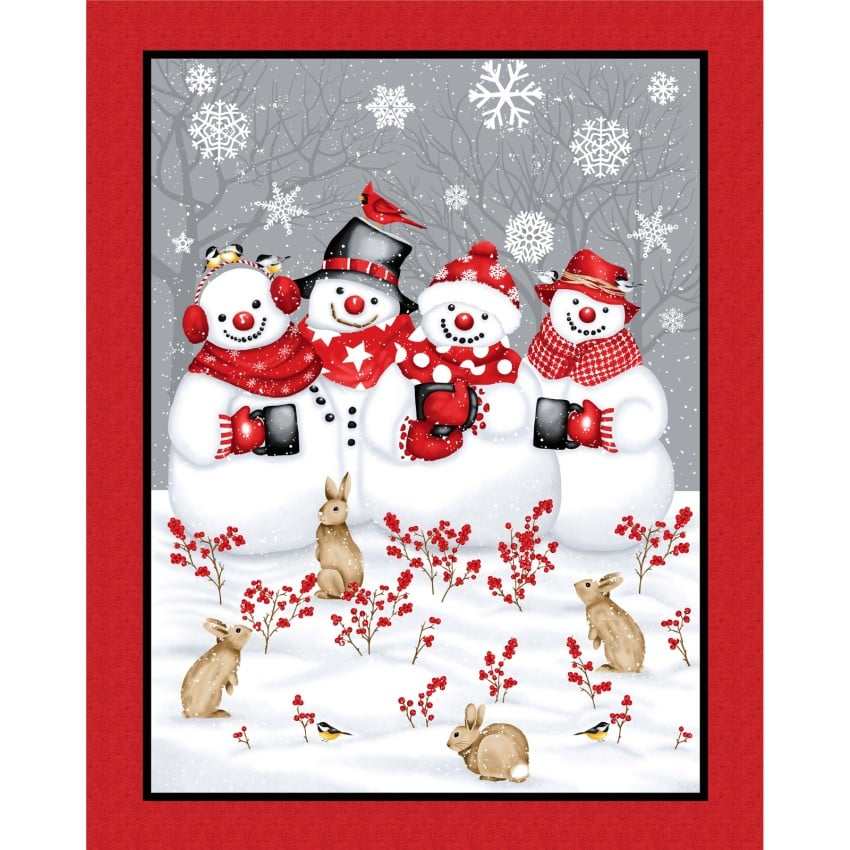 Snow Crew Minky snowman panel fabric with snowmen, rabbits, and berries in winter scene 48-inch panel