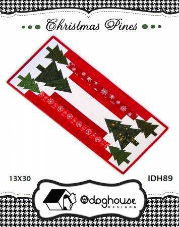 Christmas Pines Pattern modern 13x30 inch table runner with green pine trees on red and white background by In the Doghouse Designs