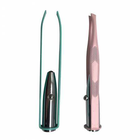 Center Stage Spotlight Tweezers with angled tips and built-in LED light in assorted colors with protective case