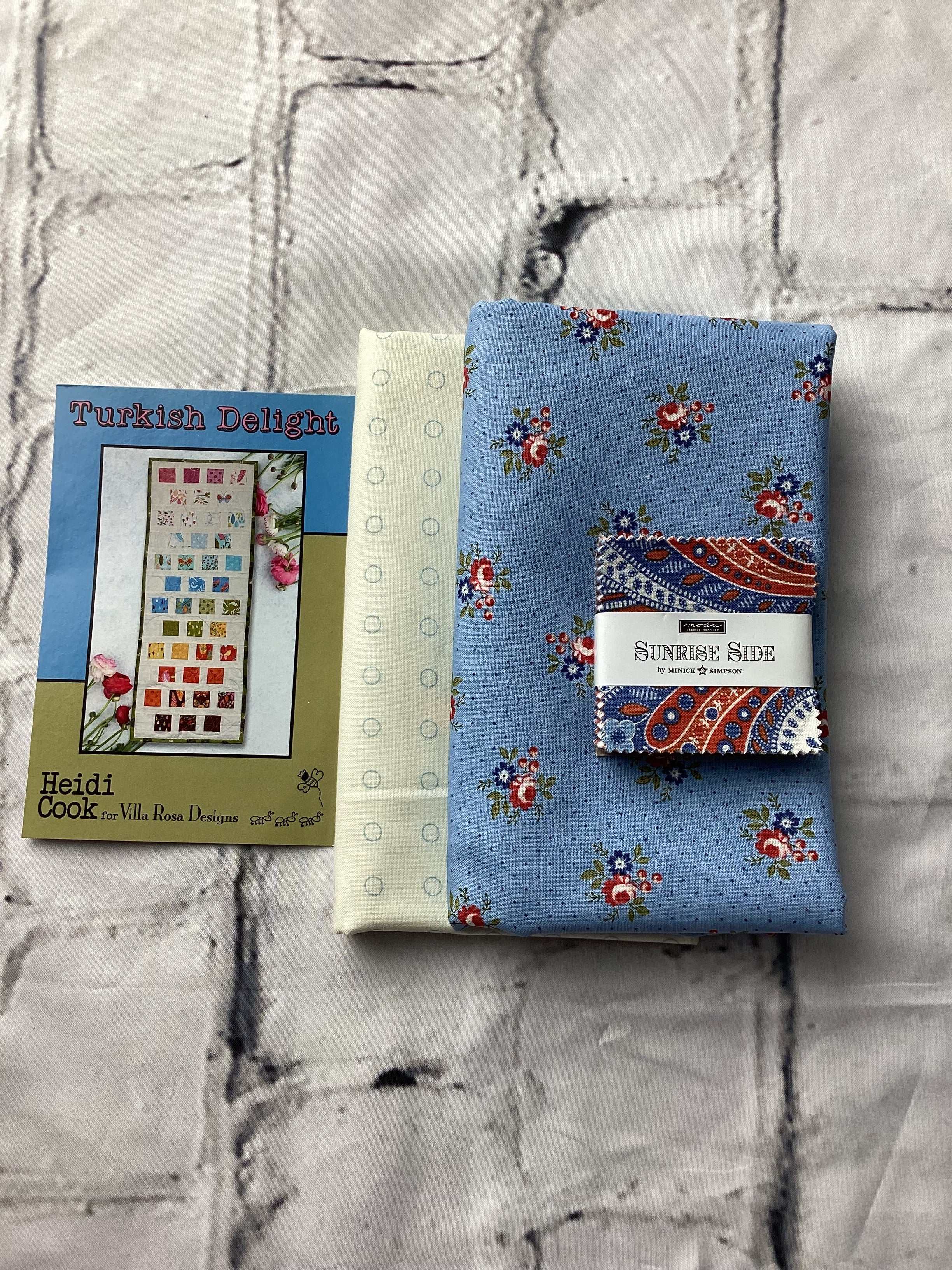 Turkish Delight Heidi Cook mini charm quilt kit with Sunrise Side fabric by Minick & Simpson and pattern packaging