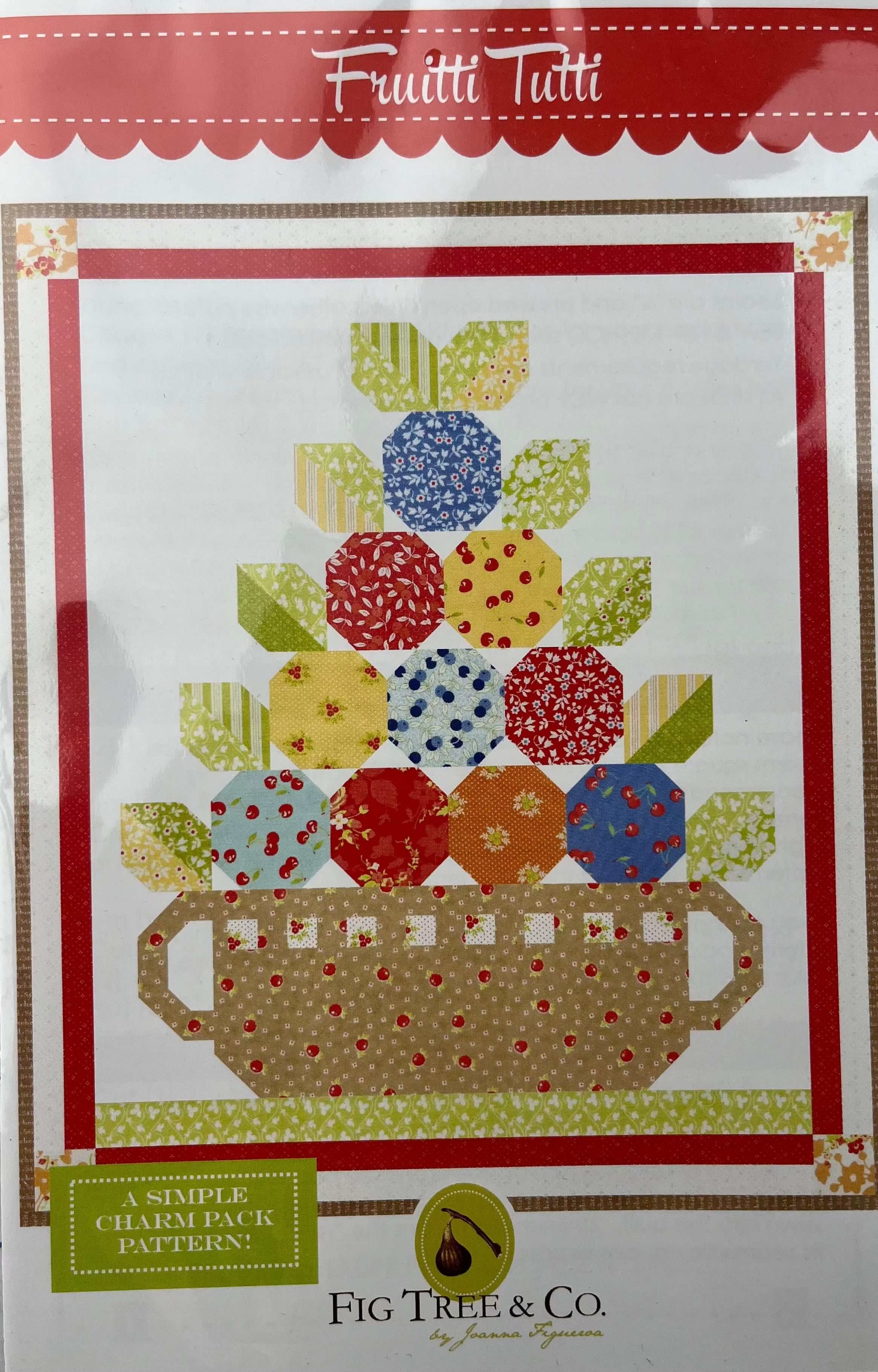 Fruitti Tutti quilt pattern with colorful fruit shapes in a basket by Fig Tree & Co