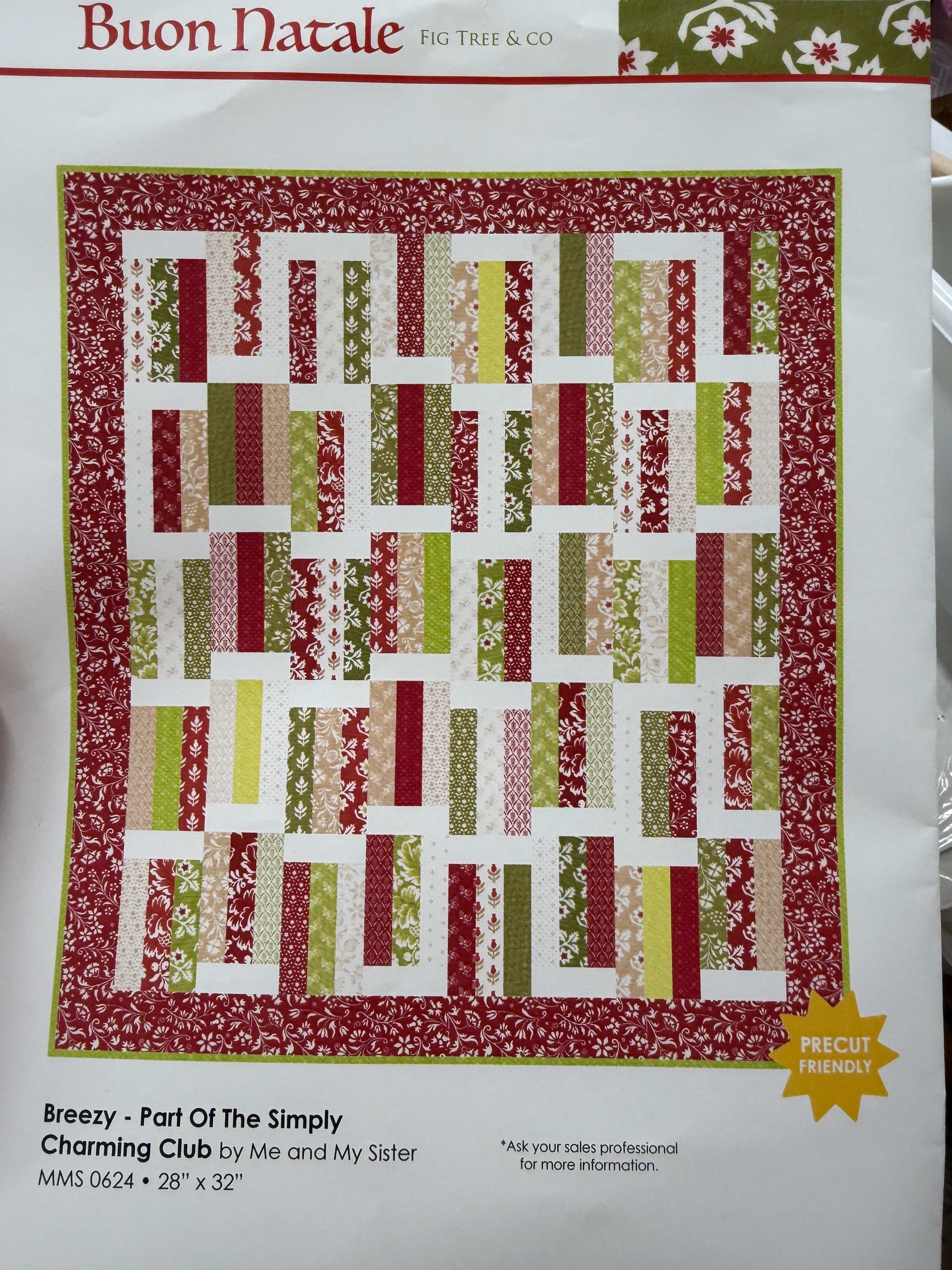 Breezy Quilt Kit featuring Buon Natale fabric by Me and My Sister 28x32 quilt top with red, green, and cream patchwork design