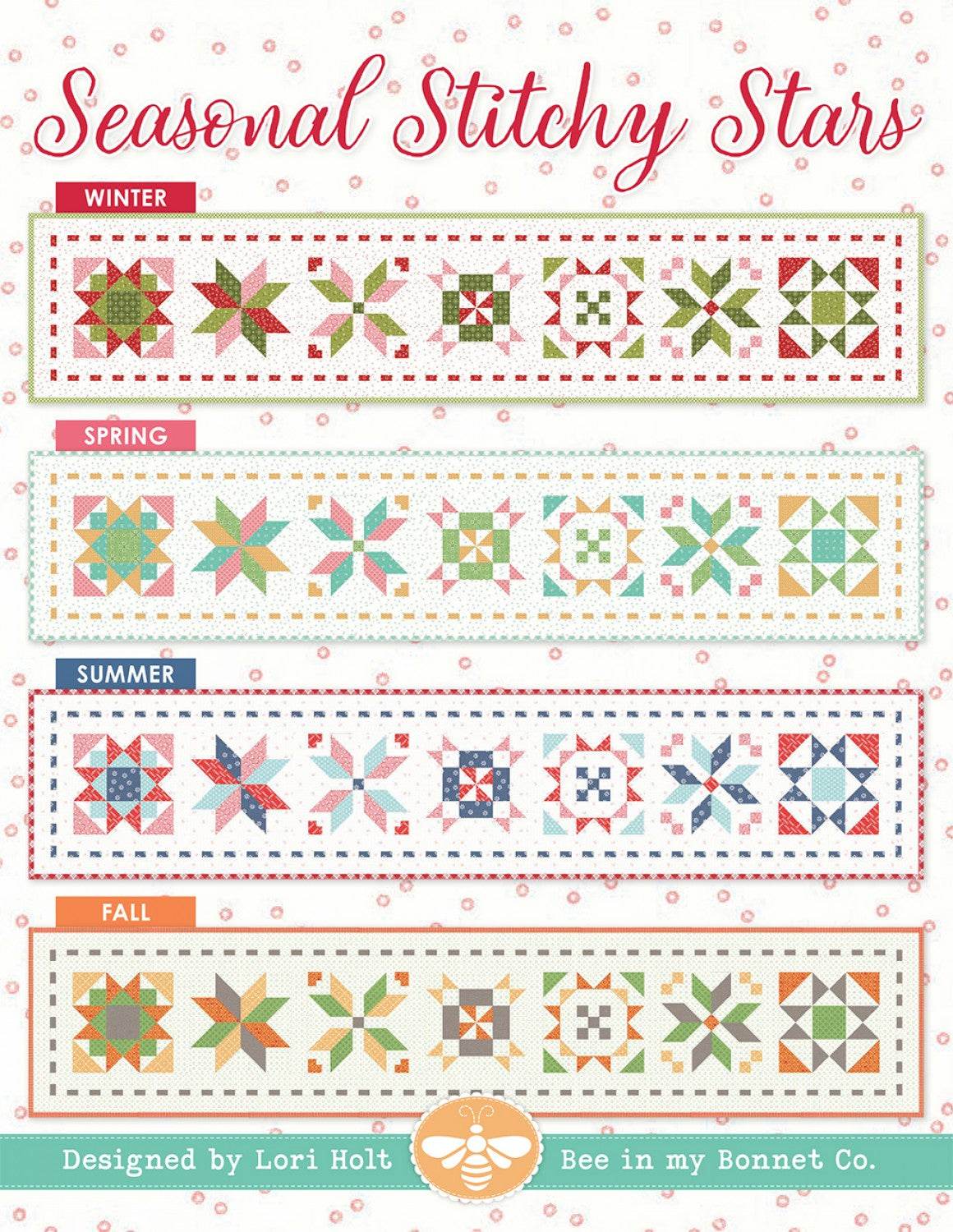 Seasonal Stitchy Stars tablerunner quilt patterns in winter, spring, summer, and fall colorways by Lori Holt