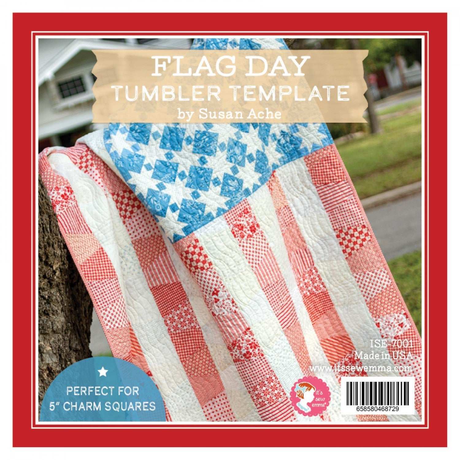 Flag Day Tumbler Template quilt block with red, white, and blue stars and stripes design by Susan Ache