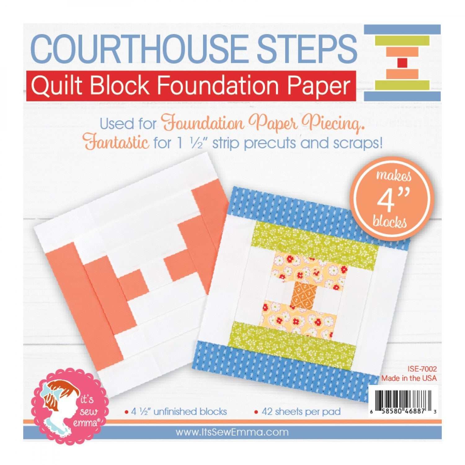 4" Courthouse Steps Quilt Block Foundation Paper pad with shaded, numbered templates for precise paper piecing, 42 sheets per pad.