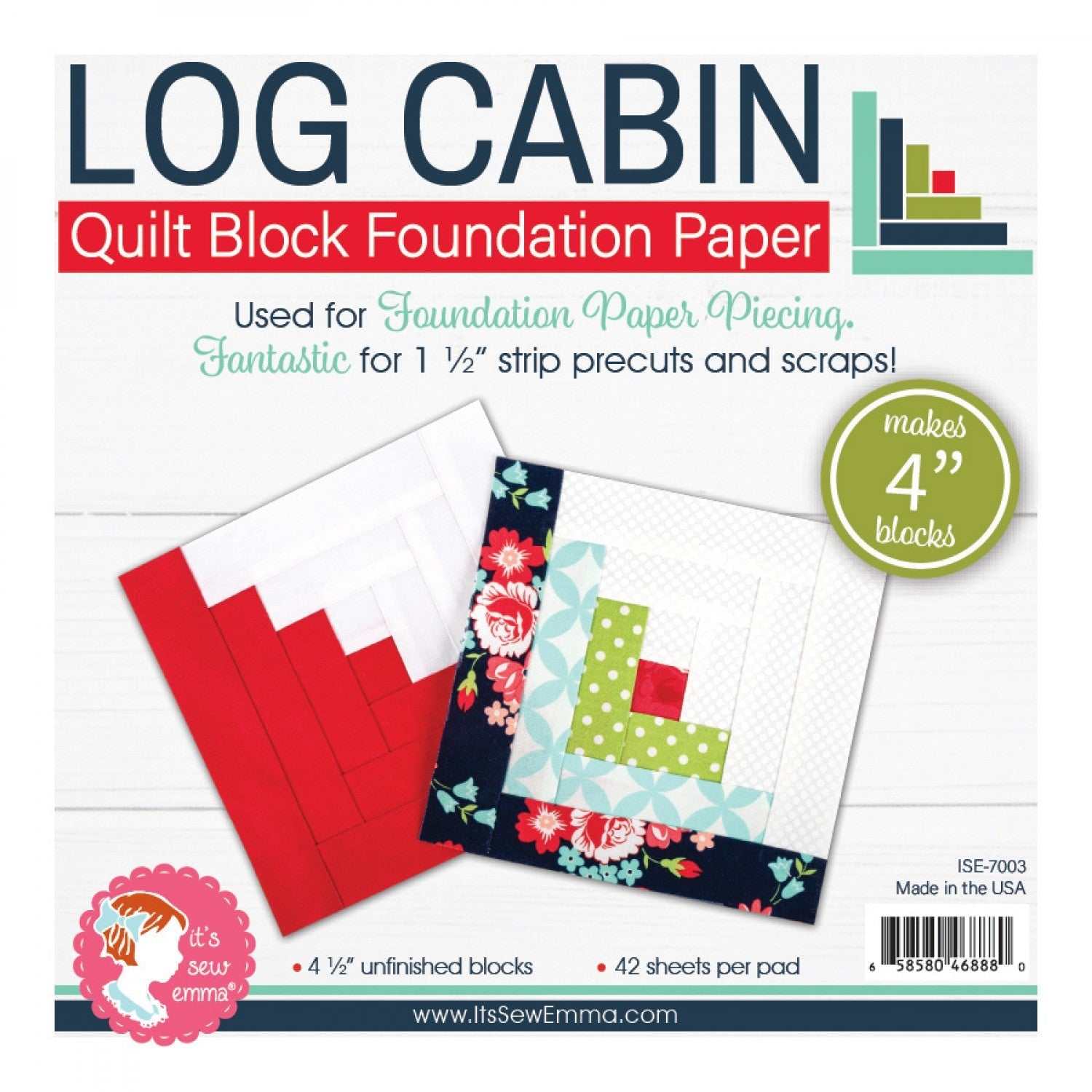 4" Log Cabin Quilt Block foundation paper for accurate paper piecing and 42 Courthouse Steps blocks per pad by It's Sew Emma