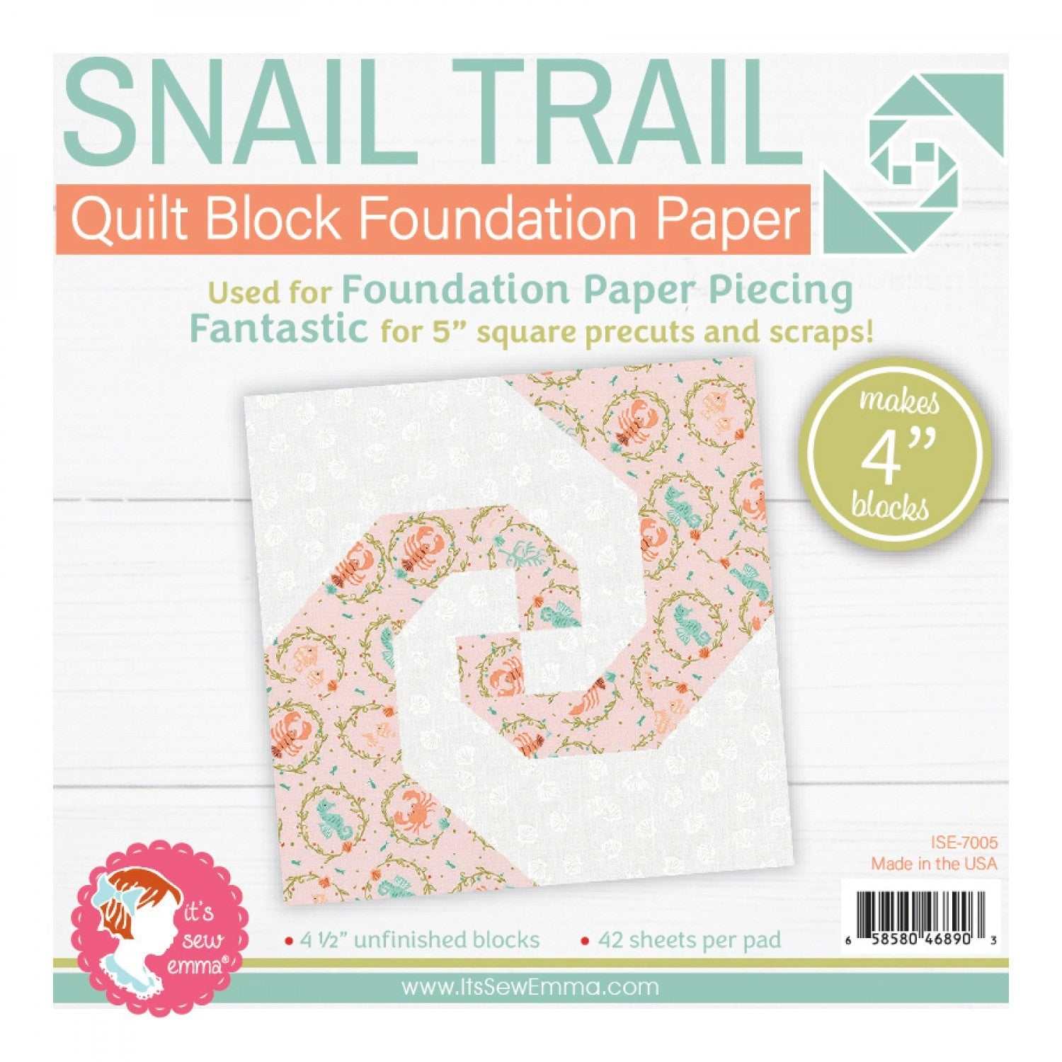 4" Snail Trail Quilt Block Foundation Paper by It's Sew Emma for precise paper piecing
