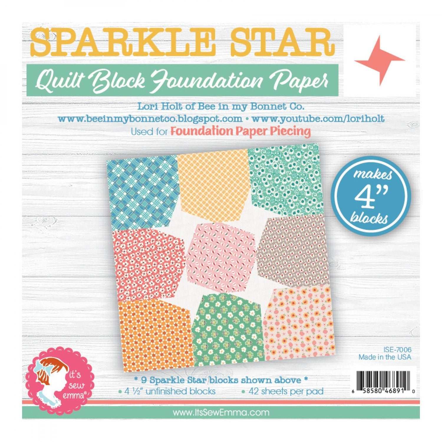 4 inch Sparkle Star quilt block foundation paper pad by It's Sew Emma with 42 sheets for precise quilting