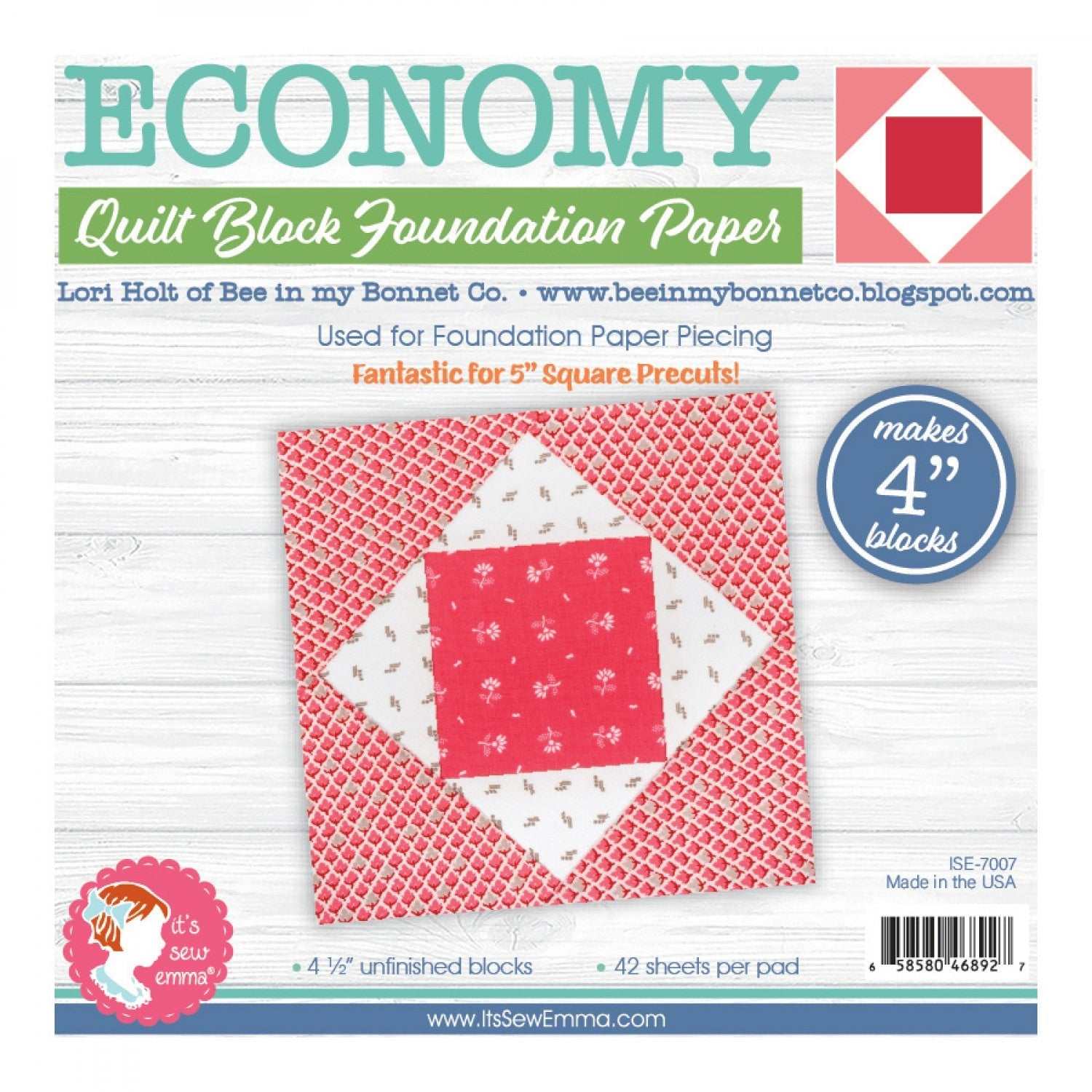 4 inch Economy Quilt Block Foundation Paper by It's Sew Emma with 42 sheets for foundation paper piecing and 4.5 inch unfinished blocks
