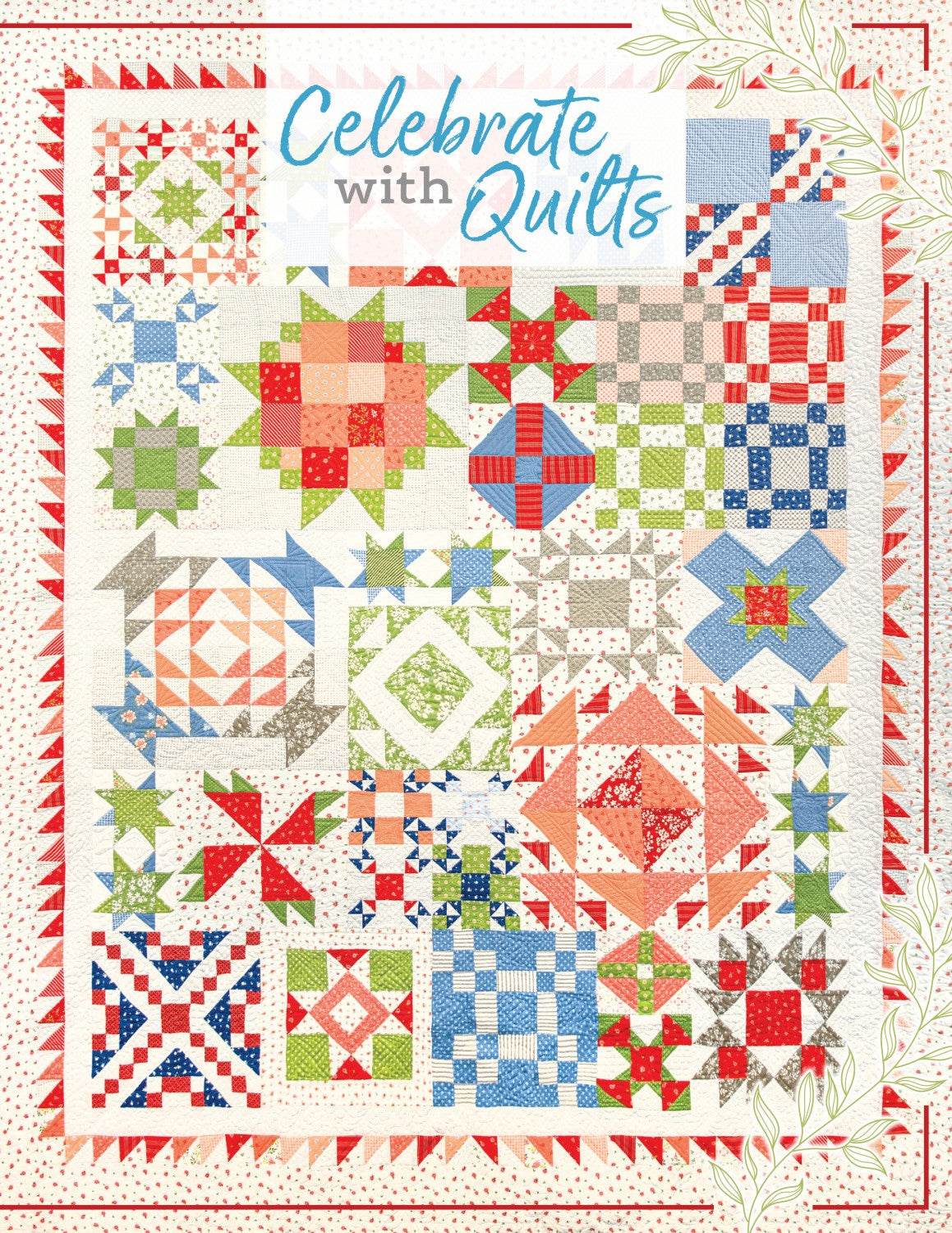 Celebrate with Quilts book cover featuring a colorful patchwork quilt with various sampler block designs