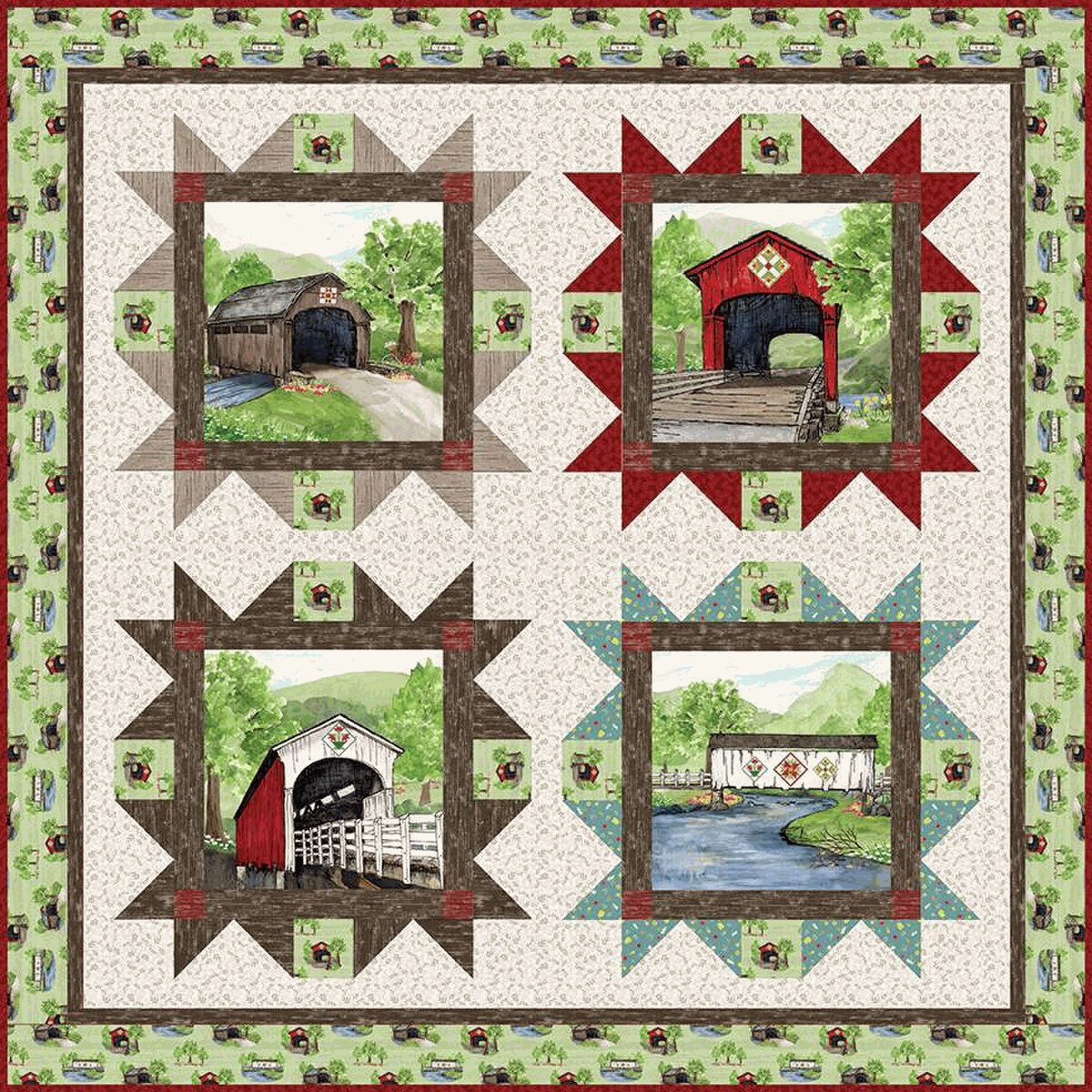 Bridges Tour Quilt featuring covered bridges and spring floral design by Tara Reed for Riley Blake Designs