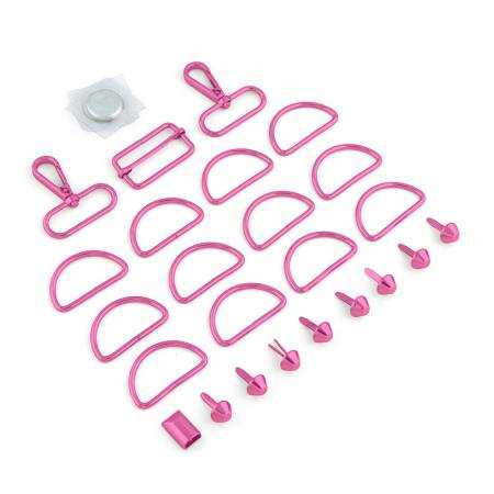 Tula Tote Hardware Kit with pink pearlescent D-rings, swivel hooks, buckle, bag feet, magnetic snap, and zipper cord end