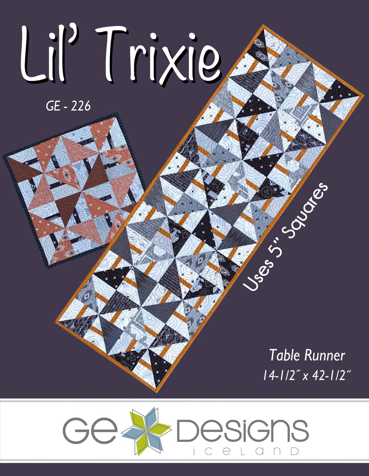Lil' Trixie table runner pattern with light and dark 5-inch fabric squares and accent fabric