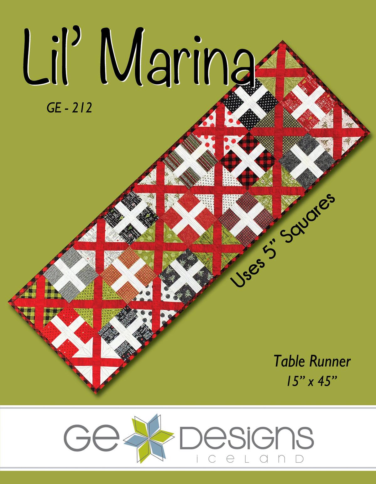 Lil' Marina table runner pattern featuring two-block design with 5-inch fabric squares and Stripology Squared Mini Ruler