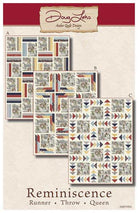 Reminiscence Quilt Pattern by Doug Leko showing three quilt designs in runner, throw, and queen sizes with folded corners and strip piecing techniques