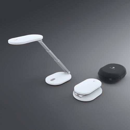 Foldi Go portable rechargeable desk lamp with adjustable arm and rotatable shade in carry case