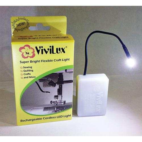 Vivilux LED Sewing Light with flexible neck and rechargeable cordless design next to yellow packaging box