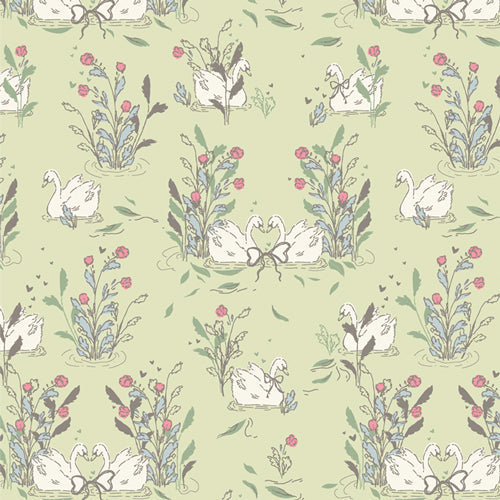 Mademoiselle Swan Soiree fabric by Patty Basemi with soft pastels and vintage floral motifs