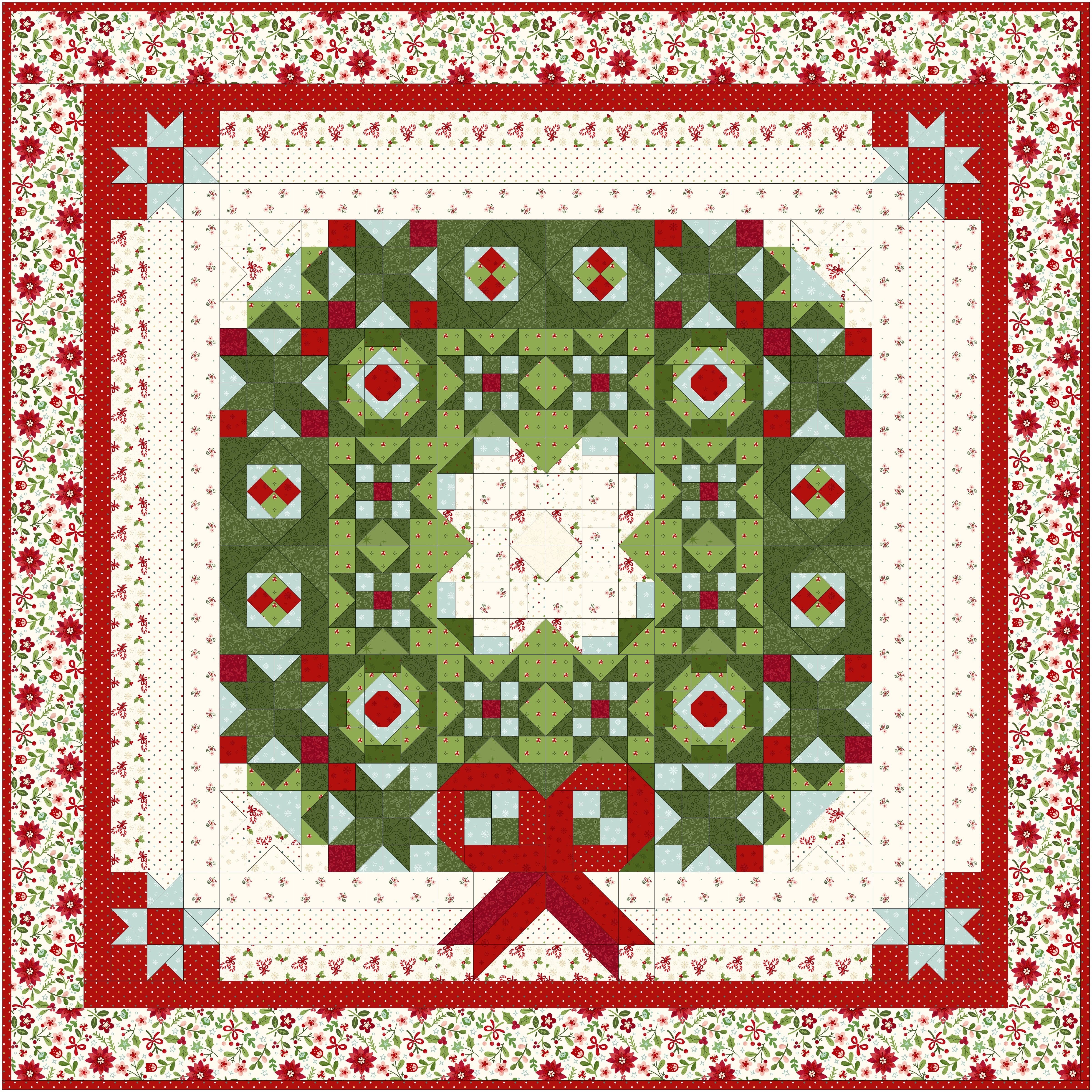 Make It Merry BOM quilt kit with peppermint and pine holiday wreath design by Jennie Jo Lamb