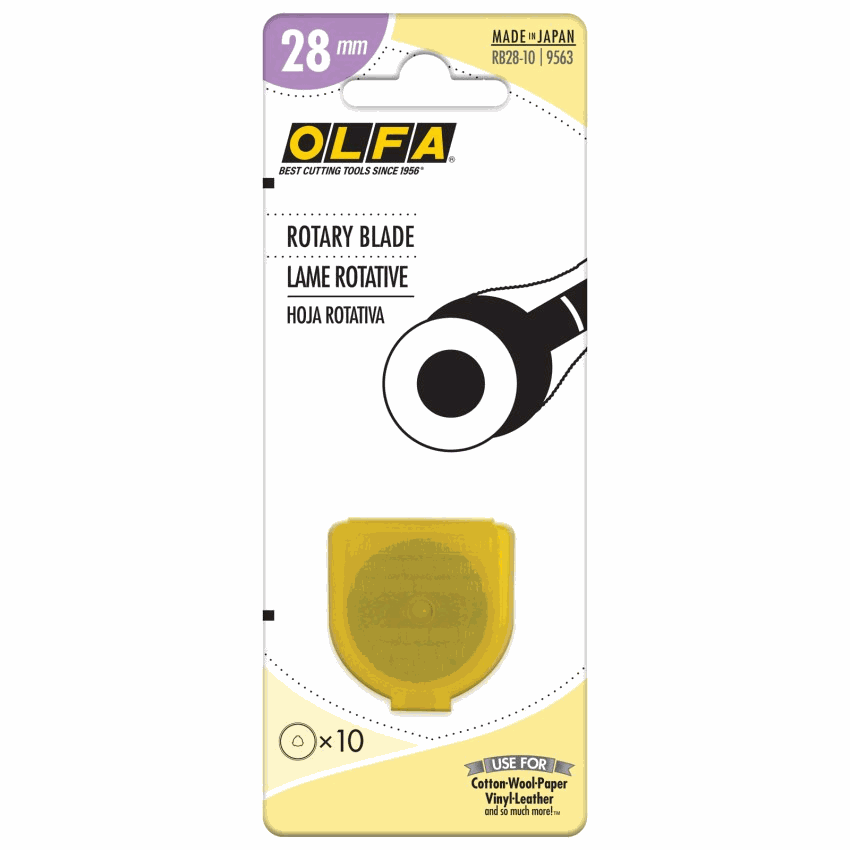 Pack of 10 OLFA 28mm rotary blades for quilting and crafts, made from tungsten carbide steel