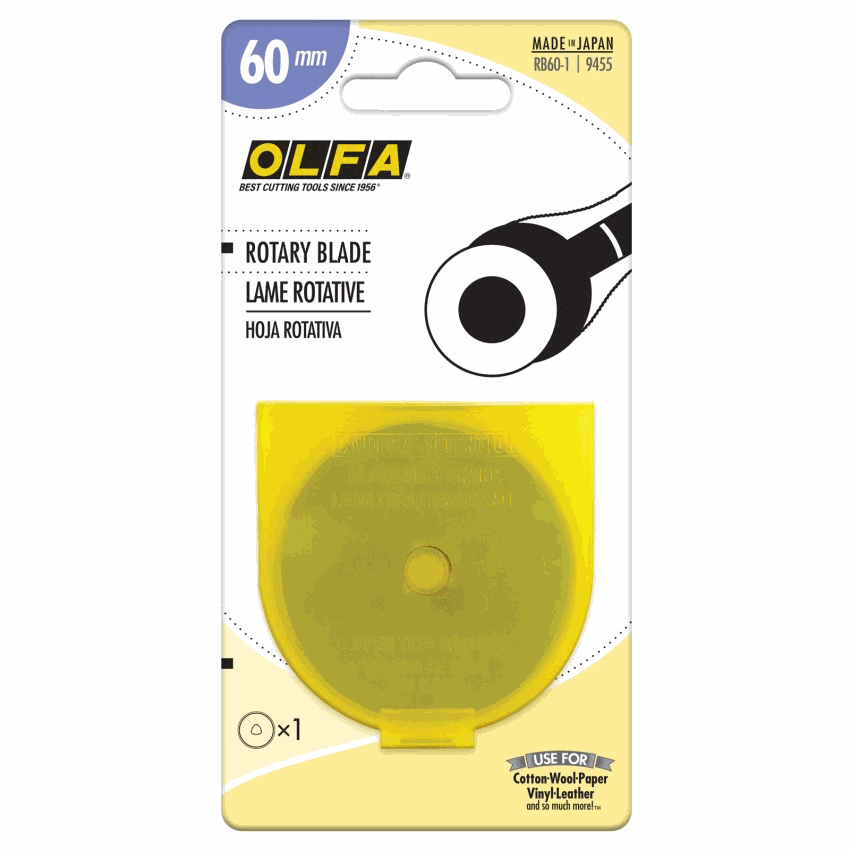 Circular rotary replacement blade for 60mm rotary cutters with tungsten carbide steel for sharp, precise cutting of multiple fabric layers.
