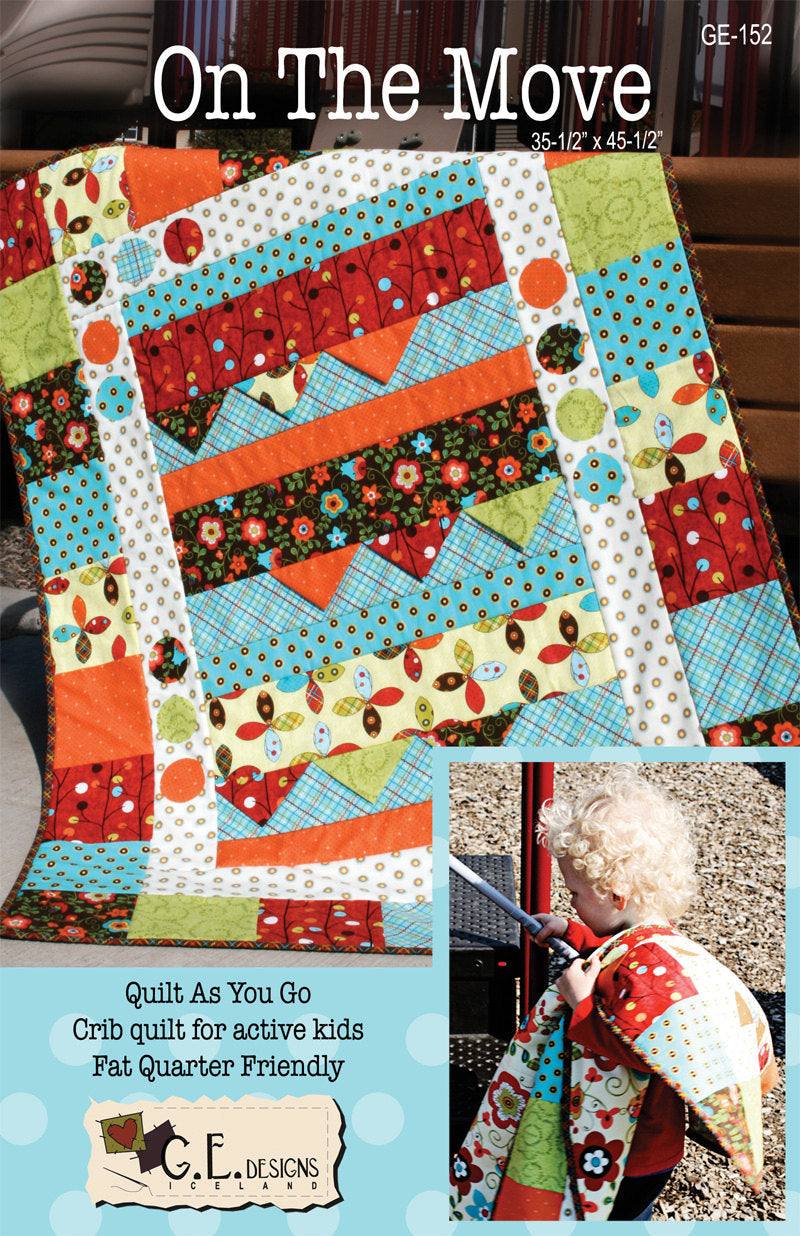 On The Move Pattern 152 colorful crib quilt made with Quilt As You Go method from fat quarters