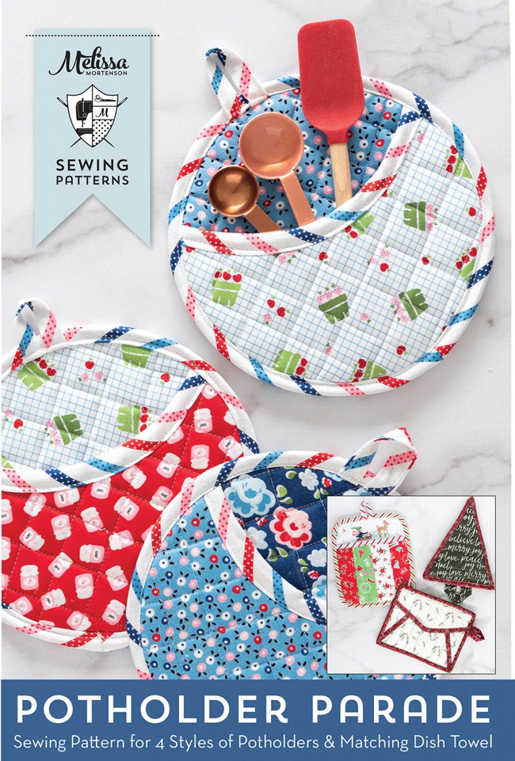 Potholder Parade sewing pattern by Melissa Mortenson with 4 different potholder styles and matching dishtowel designs