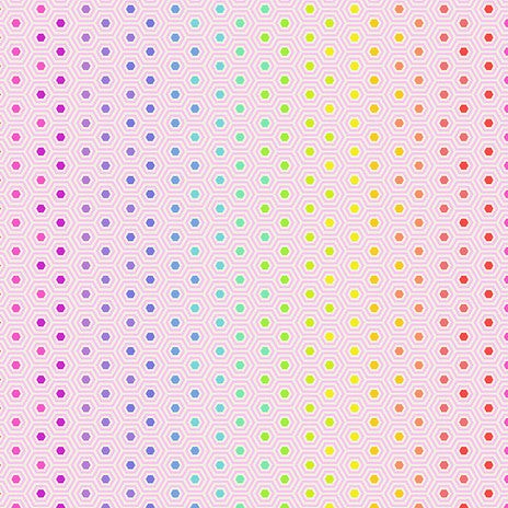True Colors Hexy Rainbow Shell fabric by Tula Pink with multicolor hexagonal pattern on light background