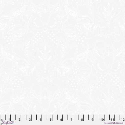 True Colors 2025 Ghost Owl white fabric with subtle intricate owl and floral pattern by Tula Pink for FreeSpirit Fabrics