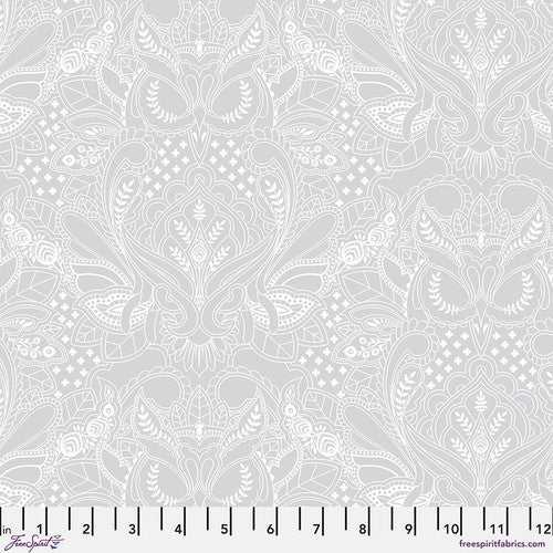 True Colors 2025 Ghost Owl Whisper fabric by Tula Pink with intricate white owl pattern on light gray background