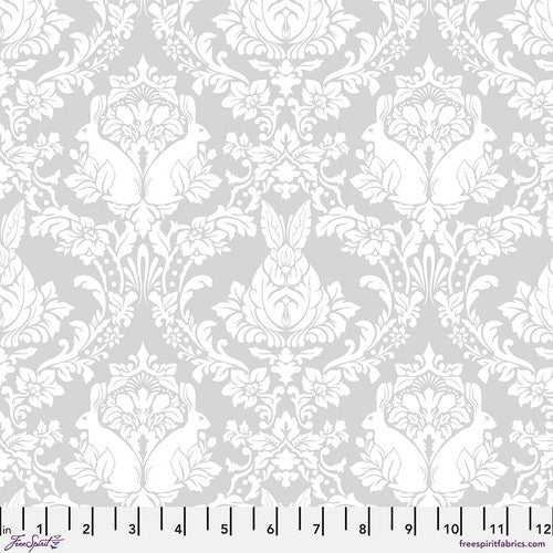 True Colors 2025 Ghost Bunny Whisper fabric by Tula Pink with white damask and bunny pattern on gray background