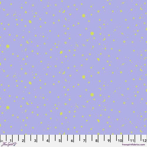 True Colors 2025 fabric by Tula Pink featuring yellow celestial stars and moons on purple background