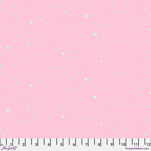 True Colors 2025 fabric by Tula Pink featuring mint celestial dots and stars on piglet pink background
