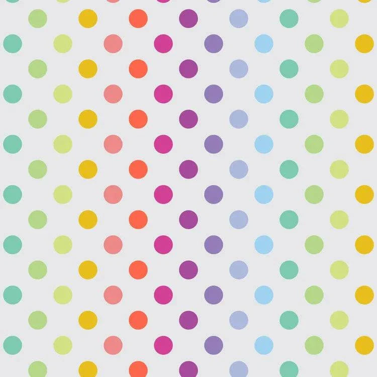 Graywork Disco Poms fabric by Tula Pink with colorful polka dots on white background for quilting and crafts