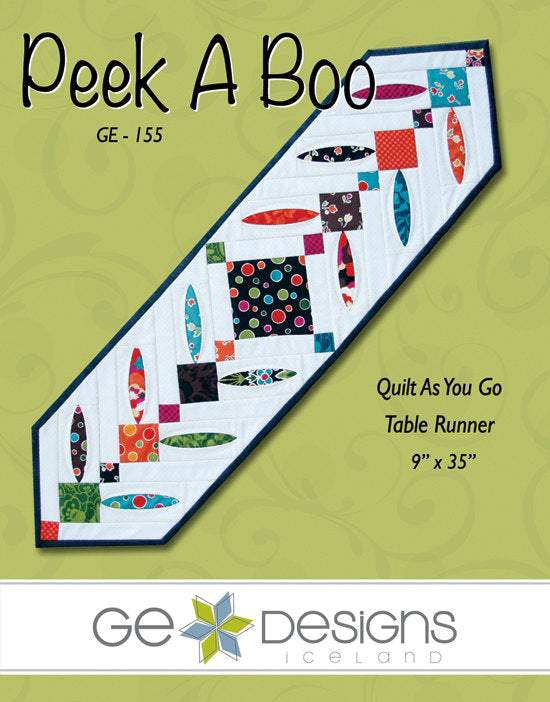 Peek A Boo quilt as you go table runner pattern with charm pack and background fabric measuring 9 by 35 inches