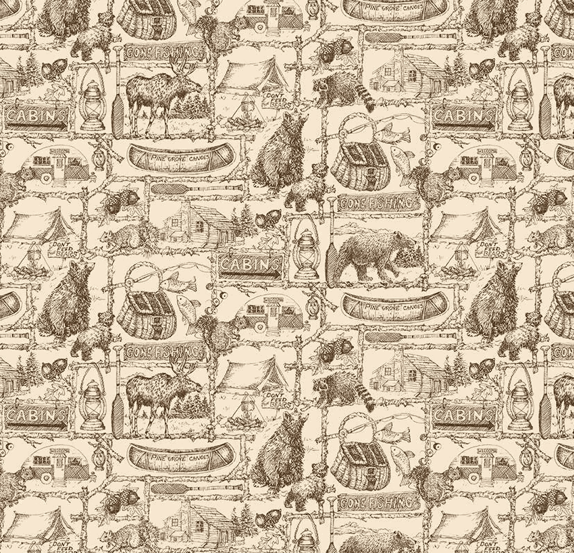 Pine Grove Outlines Putty fabric with cabin, bear, moose, and camping theme illustrations by Riley Blake Designs