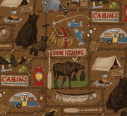 Pine Grove Main Brown fabric with pinecones and outdoor camping motifs by Riley Blake Designs