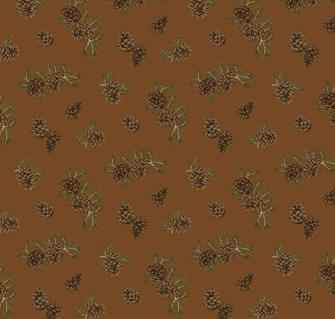 Pine Grove Pinecones Brown fabric with scattered pinecones on brown background by Riley Blake Designs
