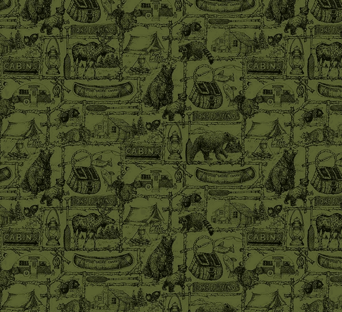 Pine Grove Outlines Green fabric with outdoors and cabin themed sketches by Riley Blake Designs