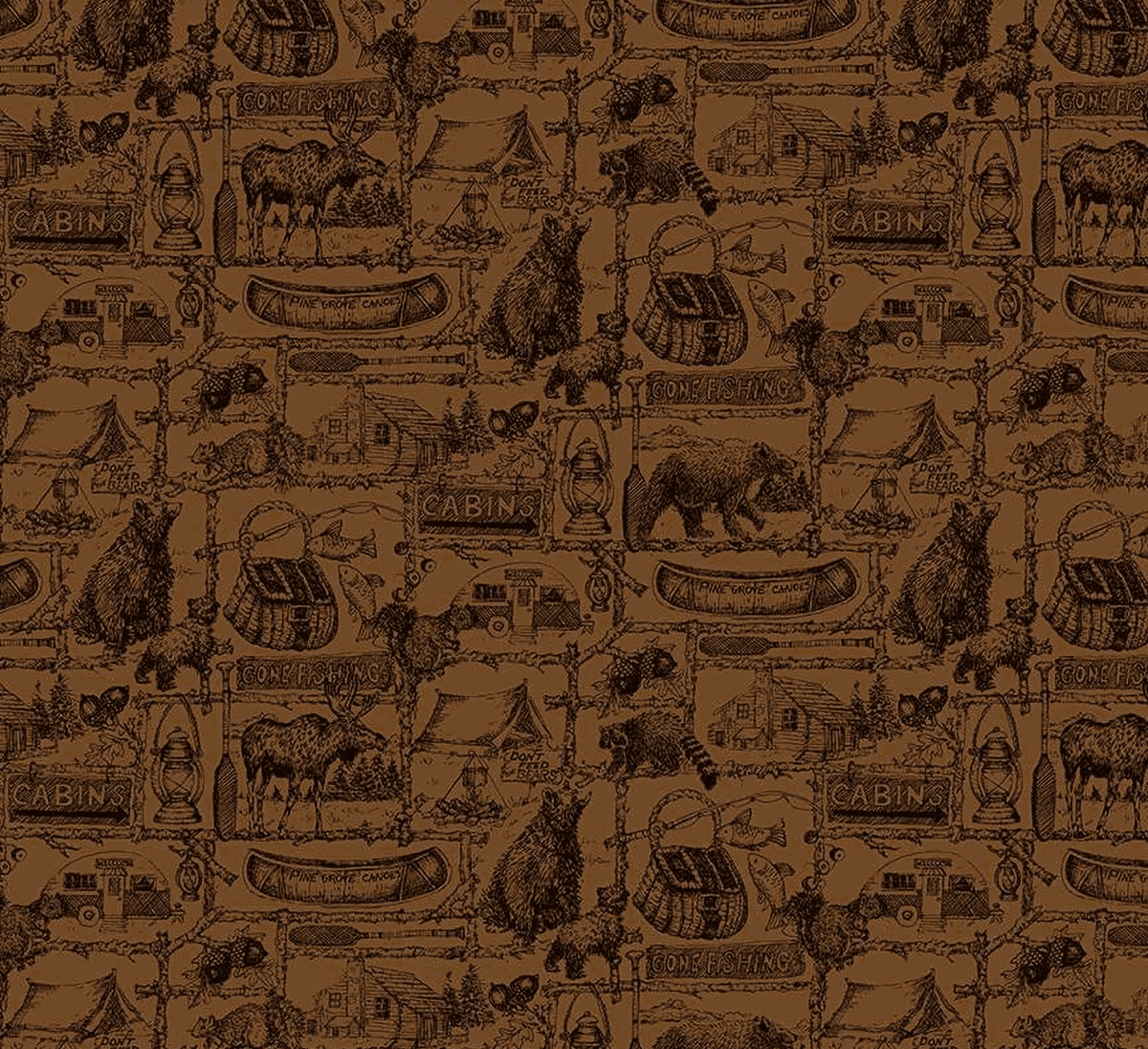 Pine Grove Outlines Brown fabric with outdoor cabin, bear, moose, and pinecone designs by Riley Blake Designs