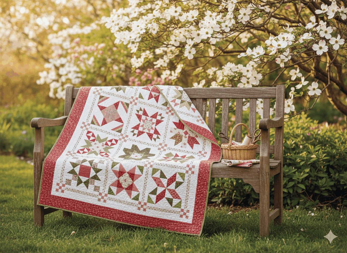 Pre-Order Poinsettia Stars BOM quilt kit with poinsettia and pear design by Sherri & Chelsi, Moda Fabrics, 59.5" x 74.5"
