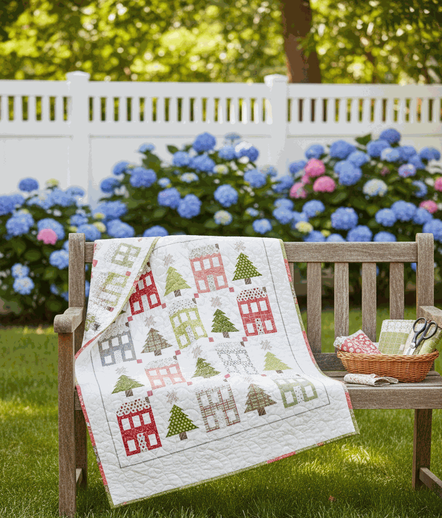 Pre-Order Little Town Quilt Kit with Poinsettia & Pear fabric bundle by Sherri & Chelsi, 61x65.5 inches